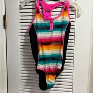 ZeroXposur Multi-Color Striped One-Piece Swimsuit with Pink Trim